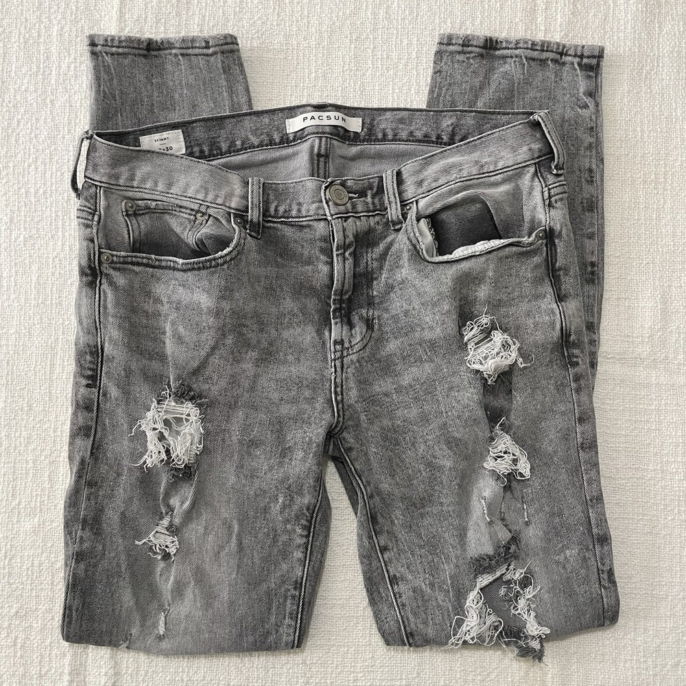 PACSUN Comfort Stretch Skinny Gray Ripped Jeans Denim Men's‎ 30x30 Distressed